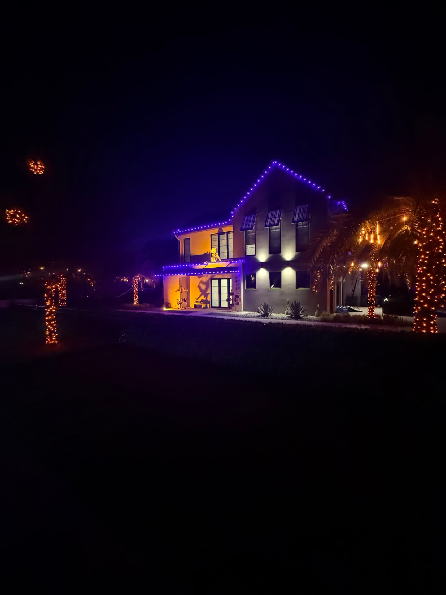 Halloween lighting seen from the side lawn — purple roofline and lit palms