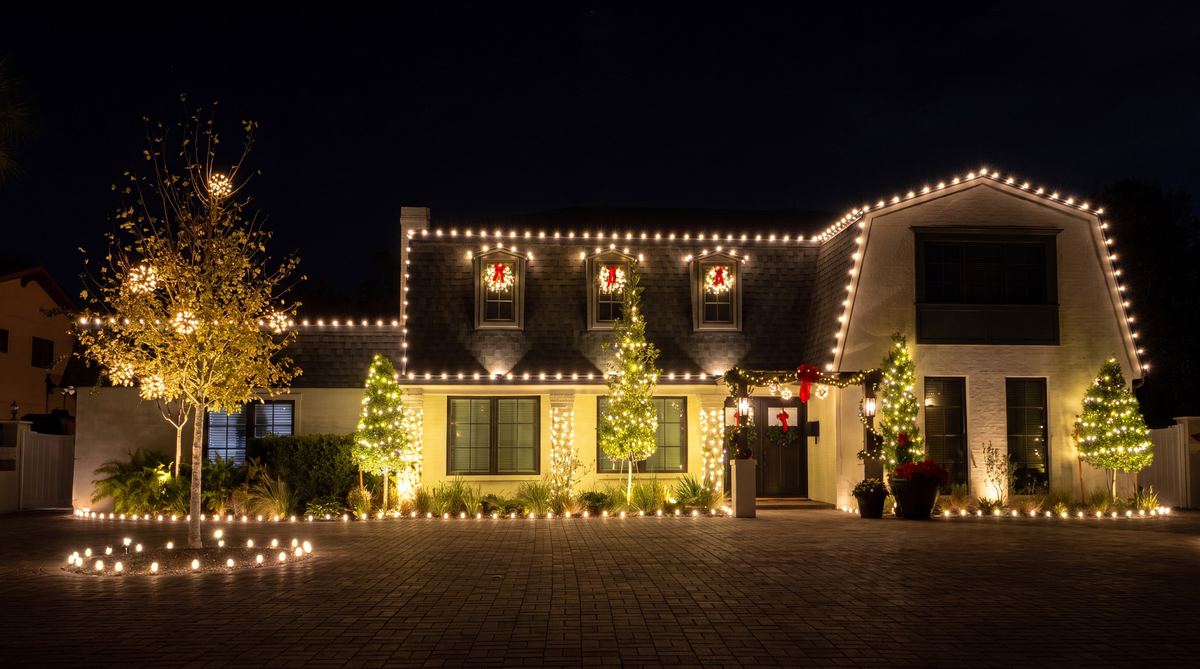 Central Florida home with professionally installed Christmas lights along the roofline